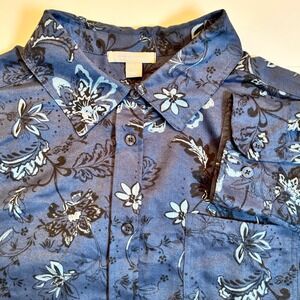 Woman Within 1X Blue Floral Button Down Shirt Plus Size 22/24 Long Sleeve Soft